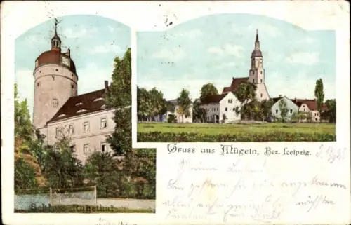 Ak Mügeln (Bezirk Leipzig) Sachsen, Schloss Rüthenhat, Kirche, Gruss aus  Bez. Leipzig