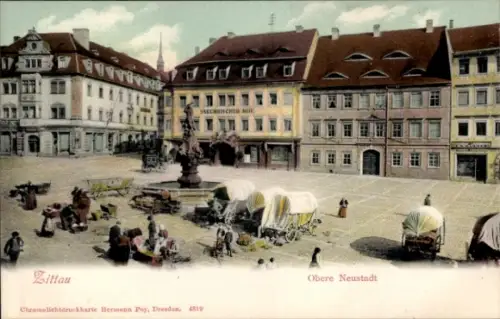 Ak Zittau in Sachsen, Marktplatz,  Obere Neustadt, Wagen, Menschen, Sächsischer Hof