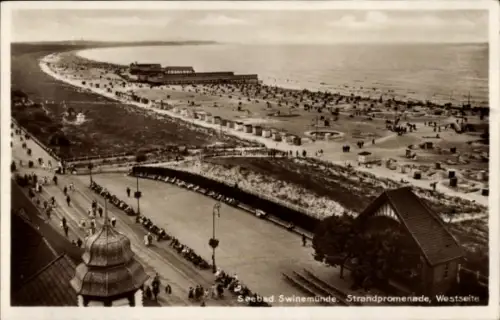 Ak Świnoujście Swinemünde Pommern, Seebad  Strandpromenade, Westseite, Strandkörbe, Meer