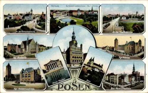 Ak Poznań Posen, Verschiedene Ansichten von  Schlossbrücke, Residenzschloss, Rathaus, Dom