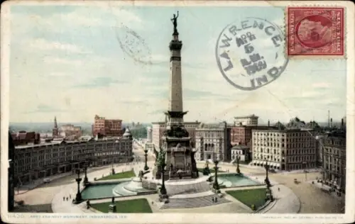 Ak Indianapolis Indiana USA, Soldatendenkmal,  Statue, Brunnen, Poststempel