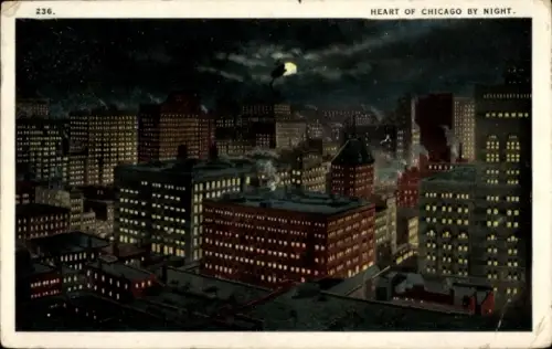 Ak Chicago Illinois USA, Nachtansicht von  beleuchtete Gebäude, Wolken, Mond