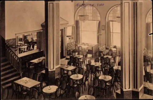 Ak München Bayern, Café Rathaus, Parterre, Tische, Aufgang