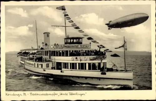 Ak Bodensee, Dampfer Stadt Überlingen, Zeppelin