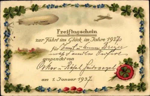 Ak Glückwunsch Neujahr, Glücksklee, Zeppelin
