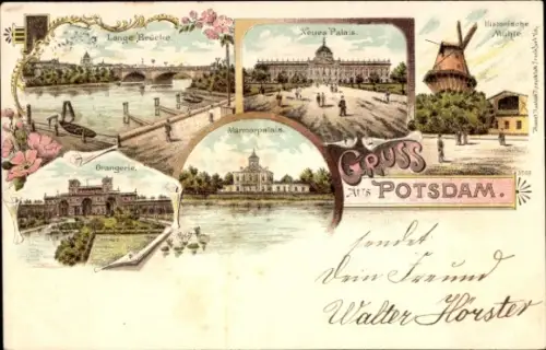 Litho Potsdam, Lange Brücke, Neues Palais, Historische Mühle, Marmorpalais, Orangerie