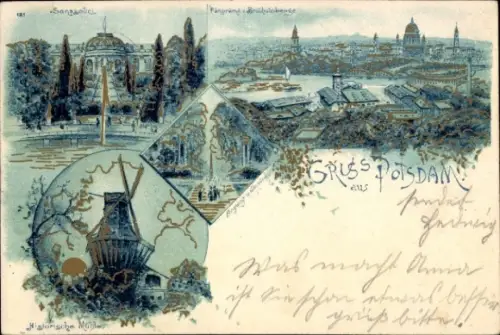 Litho Potsdam, Sanssouci, Panorama vom Brauhausberg aus, historische Mühle