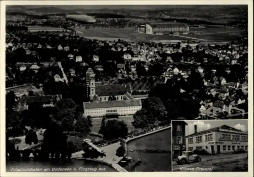 Ak Friedrichshafen am Bodensee, Luftaufnahme von  Bodensee, Kronen-Brauerei