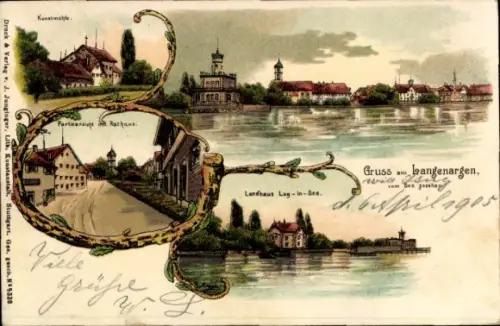 Litho Langenargen am Bodensee, Gesamtansicht, Landhaus, Rathaus