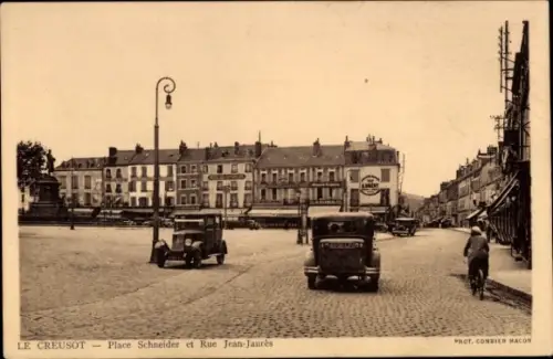 Ak Le Creusot Saône et Loire, Platz Schneider, Rue Jean-Jaurès, alte Autos,  Architektur