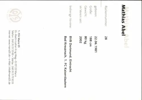 Autogrammkarte Mathias Abel, 1. FSV Mainz 05, Autogramm