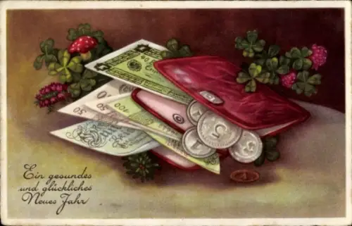 Ak Glückwunsch Neujahr, Geldscheine, Glücksklee, Pilz