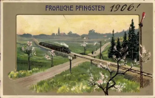Präge Ak Glückwunsch Pfingsten, Eisenbahn, Bäume, Gleise