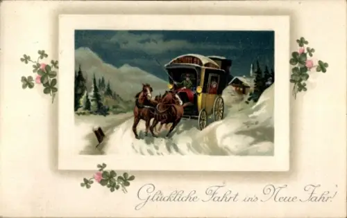 Passepartout Ak Glückwunsch Neujahr, Pferdekutsche in Winterlandschaft, Kleeblätter