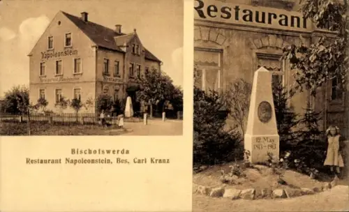 Ak Bischofswerda in Sachsen, Restaurant Napoleonstein, Inh. Carl Kranz, Denkmal