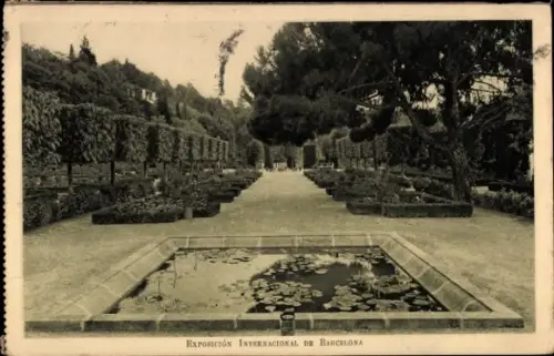 Ak Barcelona Katalonien Spanien, Gartenanlage, Wasserbecken, Bäume, Pflanzen, EXPO BARCELONA