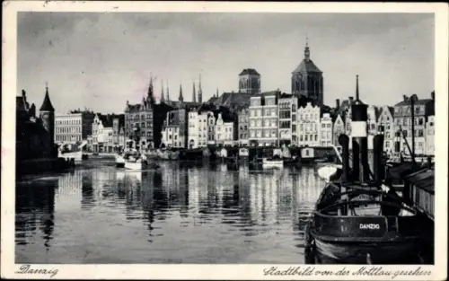 Ak Gdańsk Danzig, Stadtbild von der Mottlau,  Boote im Wasser,  Gebäude