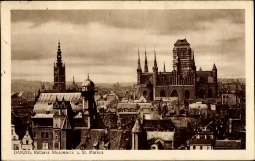 Ak Gdańsk Danzig,  Rathaus, Sternwarte, St. Marien, Stadtansicht