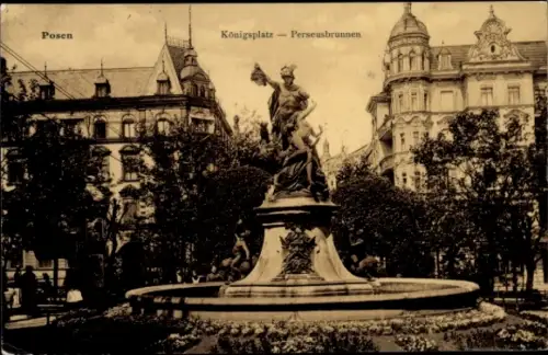 Ak Poznań Posen,  Königsplatz, Perseusbrunnen, Statue, Brunnenanlage