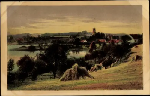 Ak Łagów Lagow Neumark Ostbrandenburg, Landschaft mit Wasser, Bäumen, Häusern, Hügeln, Turm, Heuh