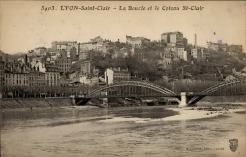 Ak Lyon Rhône, Lyon-Saint-Clair, Flussansicht, Hügel, Brücke