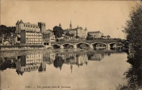 Ak Pau Pyrénées-Atlantiques, Stadtansicht von  Brücke, Fluss, Gebäude