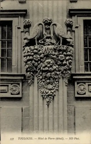 Ak Toulouse Haute Garonne, Hôtel de Pierre, Detail,  zwei Schwäne, Früchte, ND Phot.