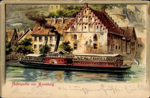 Litho Meersburg am Bodensee, Hafen, Dampfer