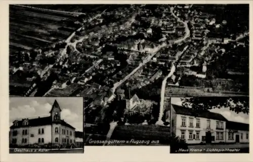 Ak Großengottern Thüringen, Fliegeraufnahme, Gasthaus zum Adler, Haus Krone, Lichtspieltheater