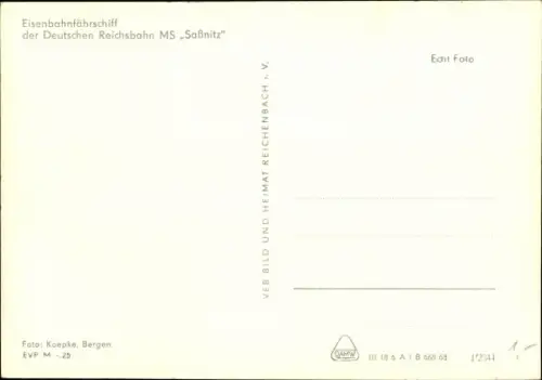 Ak Eisenbahnfährschiff der Deutschen Reichsbahn, MS Sassnitz, VEB Werft Neptun in Rostock