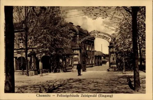 Ak Chemnitz in Sachsen, Polizeigebäude Zeisigwald, Eingang, alte Schwarz-Weiß-Ansicht