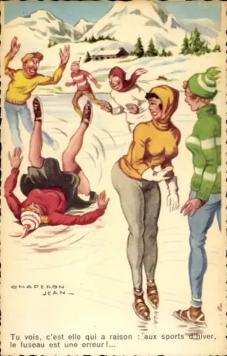 Künstler Ak Chaperon, Jean, Gestürzte Frau, Eisläufer
