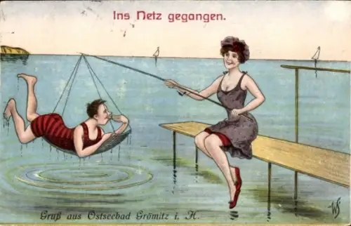 Künstler Ak Scheuermann, Willi, Ostseebad Grömitz, Ins Netz gegangen