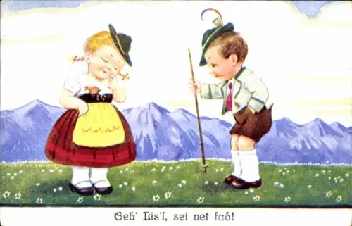 Ak Kinder in Volkstrachten, Liebespaar, Geh' Lis'l, sei net fad