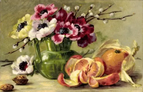 Ak Obst, Früchte, Mandarinen, Blumen, Blumenvase, Weidenkätzchen, Nüsse