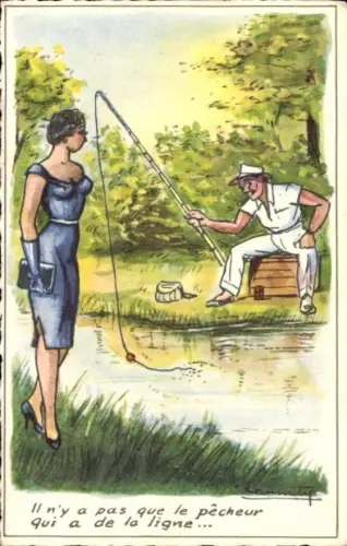 Künstler Ak Mann beim Angeln, Frau in blauem Kleid