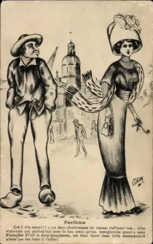 Künstler Ak Parfüm, Mann in Tracht, Noble elegante Frau