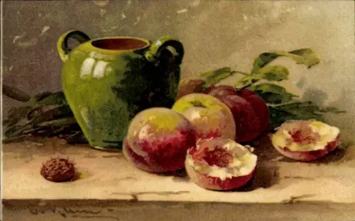 Künstler Ak Klein, Catharina, Früchtestillleben, Vase, Pfirsiche