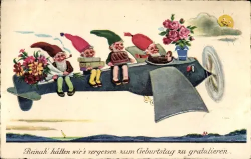 Ak Glückwunsch Geburtstag, Flugzeug, Zwerge, Blumen, Sonnenschein