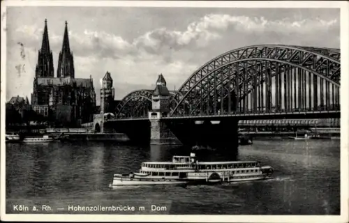Ak Köln am Rhein, Kölner Dom, Hohenzollernbrücke, Rhein, Schiff