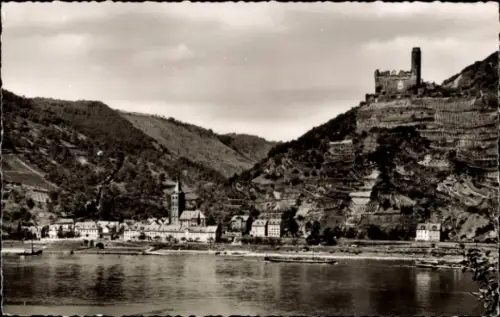 Ak Wellmich am Rhein St. Goarshausen, Burg Maus, Wellmich, Rhein, Flusslandschaft, Schwarz-Weiß-F
