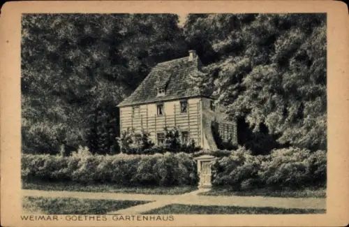 Ak Weimar in Thüringen,  Goethes Gartenhaus, Zeichnung eines Hauses, umgeben von Bäumen