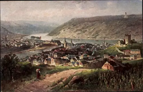 Ak Bingen am Rhein, Landschaft mit Rhein,  Stadtansicht, Fluss, Hügel, Türme