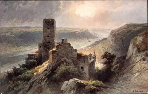 Ak Oberwesel am Rhein, Ruinen der Burg Gutenfels, Rheinlandschaft, Fluss, Bäume, Wolken