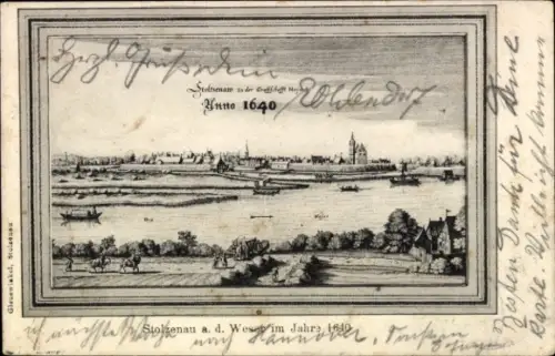 Ak Stolzenau an der Weser, Stolzenau a. d. Weser, Jahr 1640, Flusslandschaft, Schiffe, Menschen