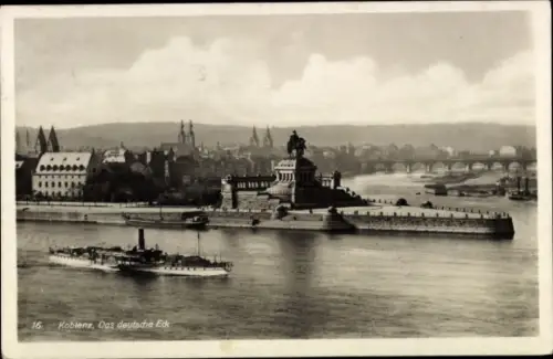 Ak Koblenz am Rhein,  deutsches Eck, Denkmal Kaiser Wilhelm I., Rhein, Moselmündung, Dampfschiff