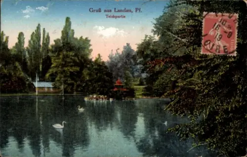 Ak Landau in der Pfalz, Teichpartie, Schwäne, Pagode