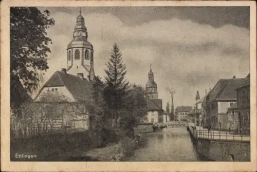 Ak Ettlingen in Baden,  Fluss, Gebäude, Türme, Bäume