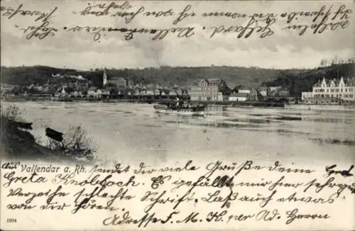 Ak Vallendar am Rhein,  Flusslandschaft, Schiffe, Häuser, Gruß von Greta Knobloch