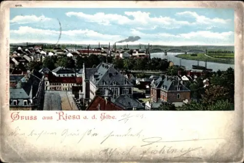 Ak Riesa an der Elbe Sachsen, Stadtansicht  Elbe, Brücke, farbig